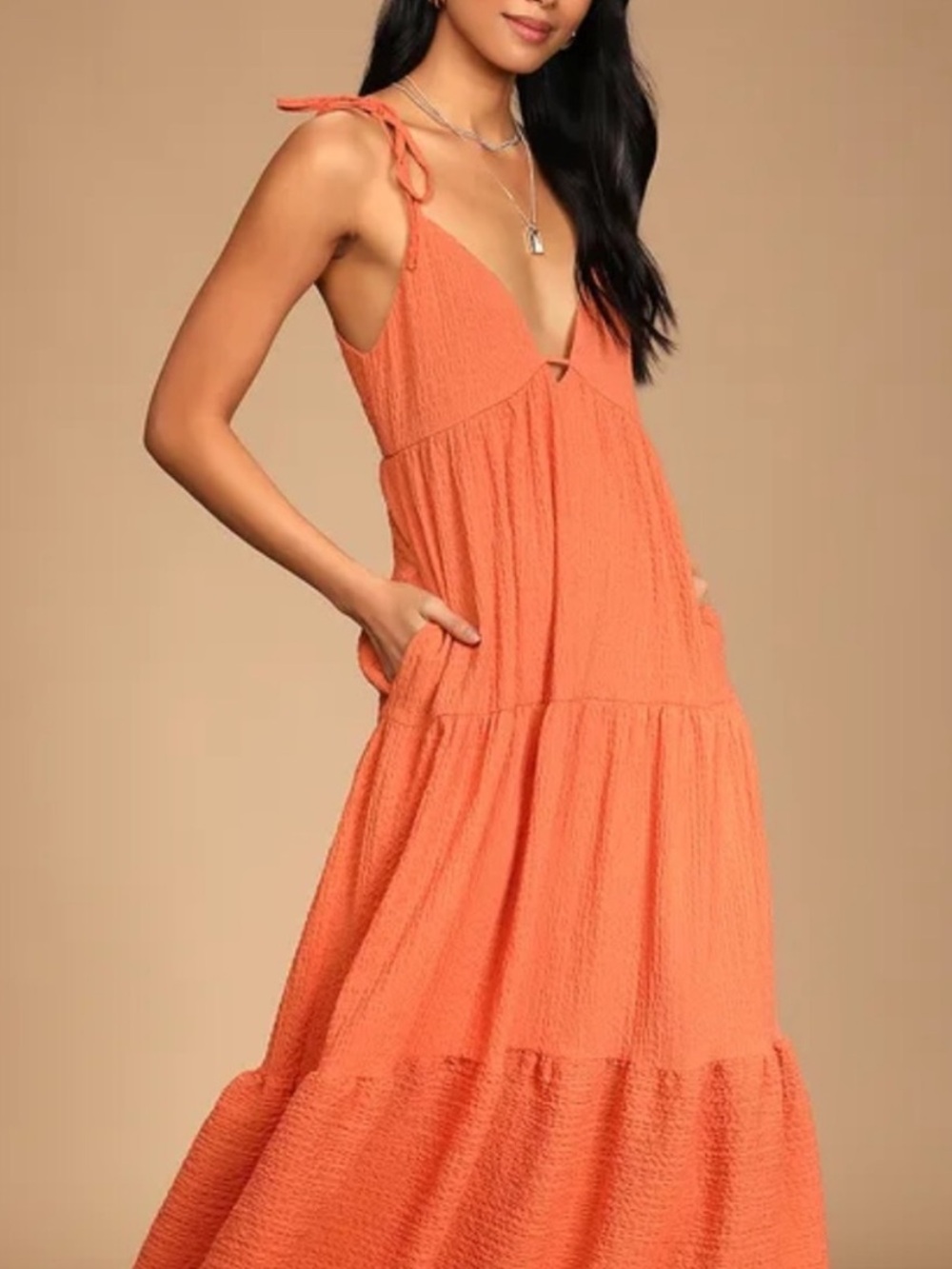 Lulu's Orange Textured Tie-Shoulder Maxi Dress M